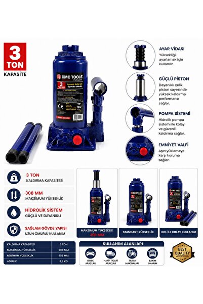 CMC Tools 3 Ton Şişe Kriko Hidrolik Kriko 158-308 mm Profesyonel Araç Krikosu