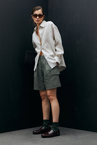 Lufian Γυναικείο λινό σορτς Carmenta Χακί