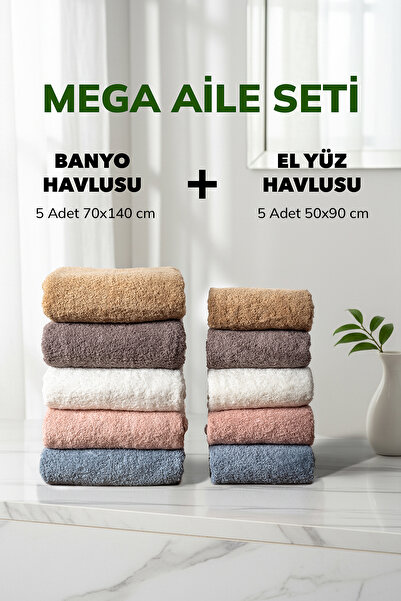 Cotto Home Set de 10 prosoape cu dungi albe, bej pudră, albastru, maro fumuri...