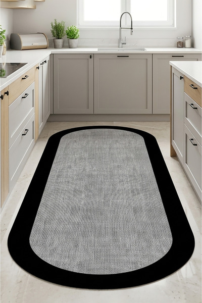 Decomia Home Dijital Kaymaz Gri Jüt Görünümlü Oval Siyah Çerçeveli Mutfak Halısı Salon Halısı Halı Yolluk