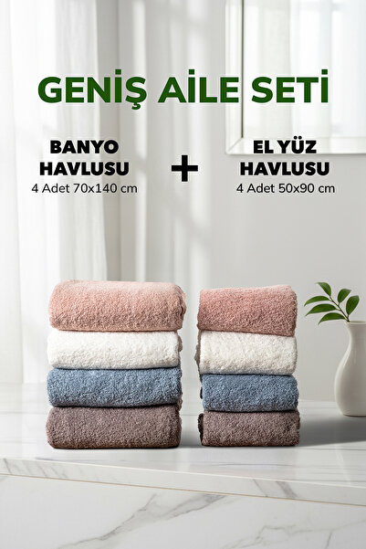 Cotto Home Set de 8 piese cu dungi pentru familie, alb, maro afumat, albastru...
