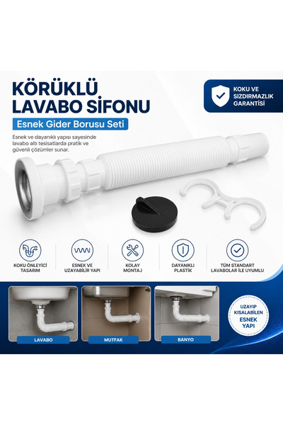diğerr1 Körüklü Lavabo Sifonu 32 mm Çıkışlı – Esnek Gider Borusu Seti | Kolay...