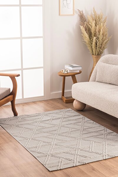Koza Halı Alba Krem Geometrik Çizgili Tozumaz Salon Koridor Balkon Teras Bahç...
