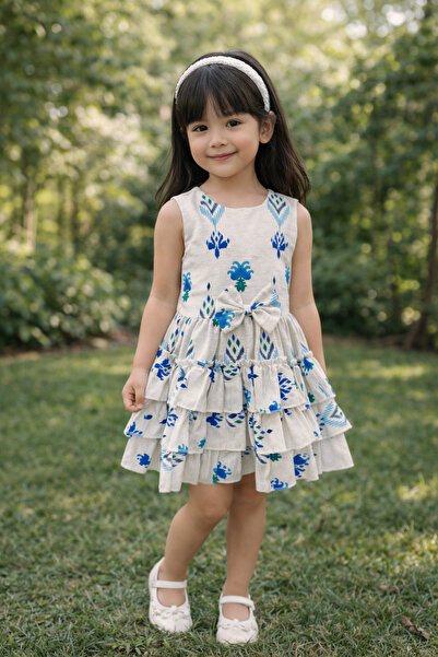 SG Exclusive Girl's Dress, Linen Mixed Fabrics, Skirt with Ruffles