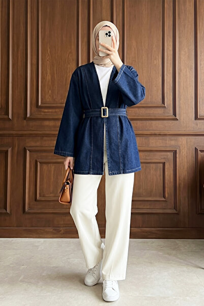 MODAQU Kimono din denim cu curea - Albastru închis