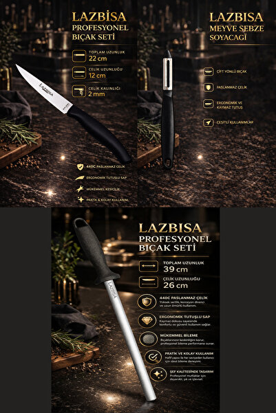 LAZBİSA İncisive Serisi Çantalı 7 Li Mutfak Bıçak Seti Gastronomi Bıçak Seti 7 Li ( Mft-690)
