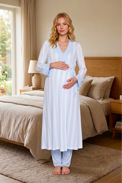Lohusa Homewear طقم بيجامة نوم للحوامل باللون الأزرق للموسم الجديد، تصميم مخط...