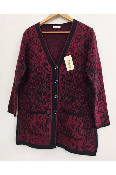 SİNAY TRİKO Women's Leopard Patterned Buttoned Mother's Knitwear Cardigan with Pockets