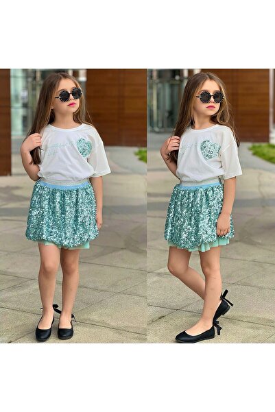 Bambam Κοριτσίστικο Σετ με Πράσινη Φούστα με Παγιέτες - Λευκό Μπλουζάκι με Λε...