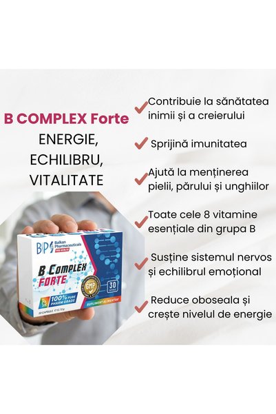 Balkan Pharmaceuticals Supliment Complex B Forte 30 Capsule, Complex de Vitamine B1 B2 B3 B5 B6 B7 B9 B12