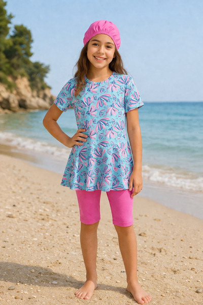 Modomood Κοριτσίστικο μπλουζάκι, σκουφάκι κολύμβησης, καλσόν 3 τεμαχίων με λο...