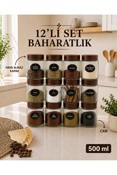 Karçiçeği Home 12’li Kaşıklı Etiketli Cam Baharatlık Kavanoz Hava Almaz Kapak...