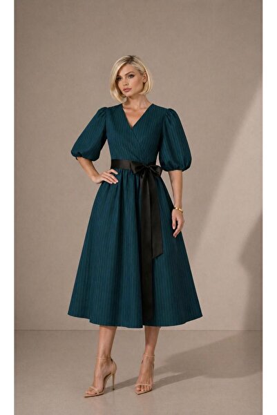 ALYEL NAKER Striped Patterned & Double-Breasted Closure Midi Taffeta Dress