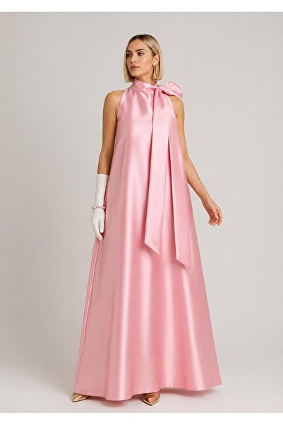 ALYEL NAKER A-Form Pink American Satin Sleeveless Maxi Dress with Tie-Up Deta...