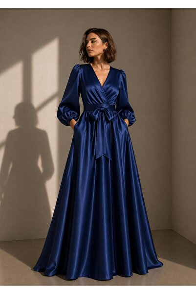 ALYEL NAKER Double-Breasted Maxi Stylish Satin Dress with Closed Neckline & B...