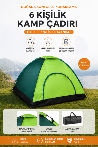 Onetick 6 Kişilik Renkli Dayanıklı Kamp Çadırı 220x250x150