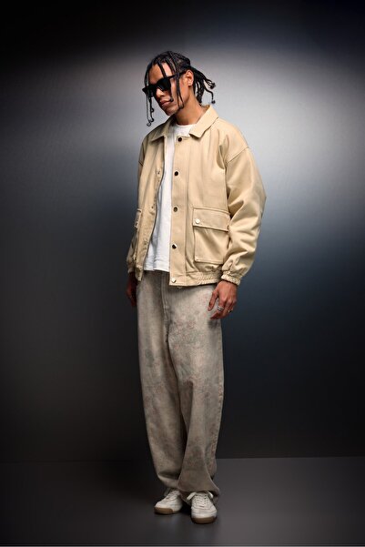 Slatra Men's Beige Oversize Pocketed Gabardine Jacket