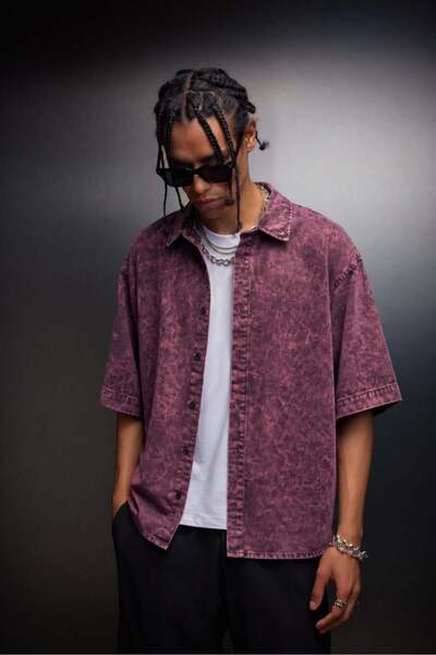 Slatra Men's Plum Washed Effect Short Sleeve Oversize Shirt