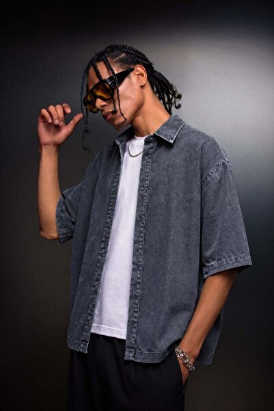 Slatra Men's Gray Washed Effect Short Sleeve Oversize Shirt