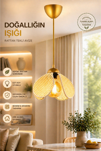 ANGDESİGN Fulya TEKLİ Avize -Krem•• Bohem Tarz Doğal Rattan Trend Sarkıt Aviz...