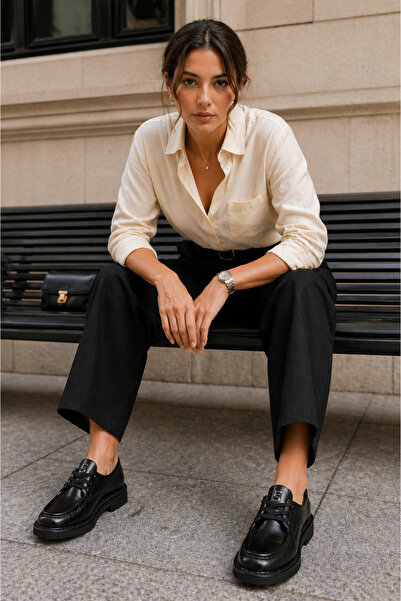 Eschi Genuine Leather Women's Black Loafer Shoes |   Lace-Up Classic Daily St...