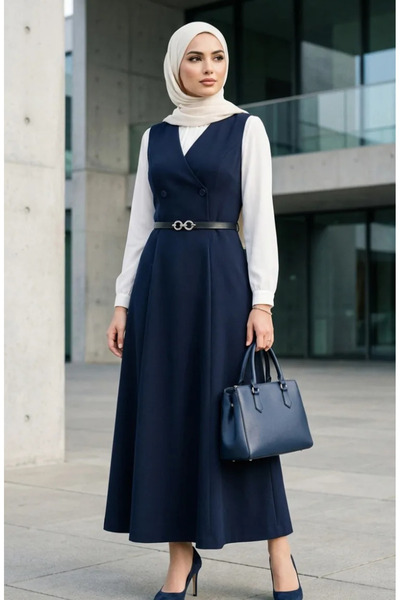 sefamerve Φόρεμα με κοντό μανίκι με κουμπιά και ζώνη 5095-01 Navy Blue