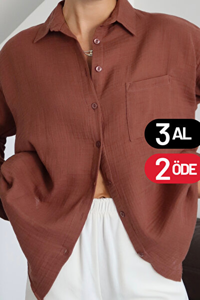 Balenbi Kadın Cepli Oversize Düz Renk Müslin Gömlek 1095
