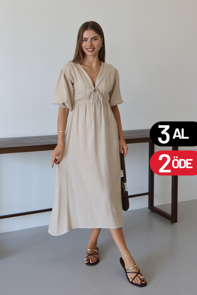 Balenbi Γυναικείο ελαφρύ διαφανές βασικό φόρεμα μουσελίνας με δέσιμο μπροστά ...