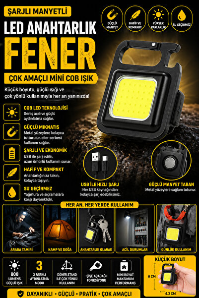House Bird Şarjlı Magnetli LED Anahtarlık Fener – Çok Amaçlı Mini COB Işık