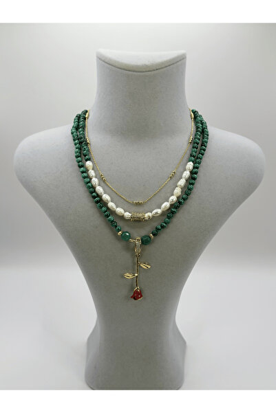 Butik Mize Emerald Rose Tasarım Çok Sıralı Kolye - Yeşil Doğal Taş ve İncili ...