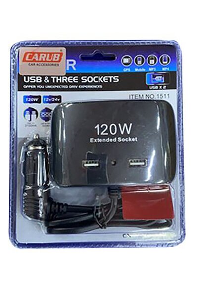 Carub Çakmak Soket 12-24V 120W Kablolu 3lü Soket+2USB