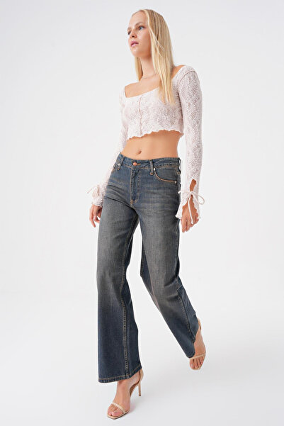 BPF Koyu Mavi Vintage Yikama Normal Bel Wide Leg Jean