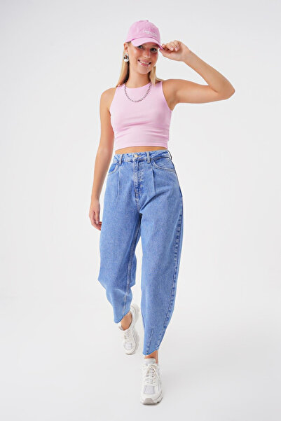 BPF Pileli Yuksek Bel Balloon Skater Jean