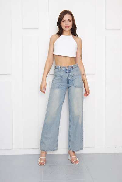 BPF Wide Leg kemer Düğmelı Ön Cepler Jeans Pantolon
