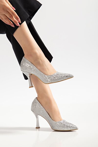 HWNLİFE K-114 Silver Tree Bark Patterned Pointed Toe Heeled Women's Shoes