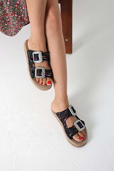 Beyond Γυναικείες Ψάθινες Παντόφλες Μαύρες Ματ Πέτρα Διπλή Πόρπη 5cm BYNDMAT01