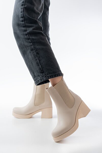 HWNLİFE 5109-3056 Beige Elastic Thick Heeled Daily Women's Boots