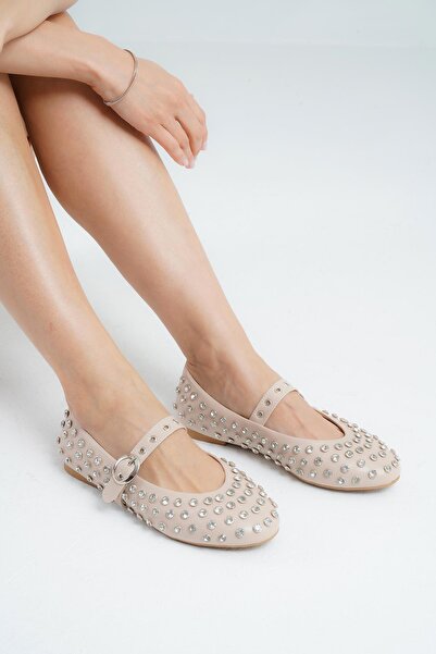 Beyond Γυναικείες δερμάτινες μπαλαρίνες μπεζ χρώματος με πέτρινη πόρπη Disco ...