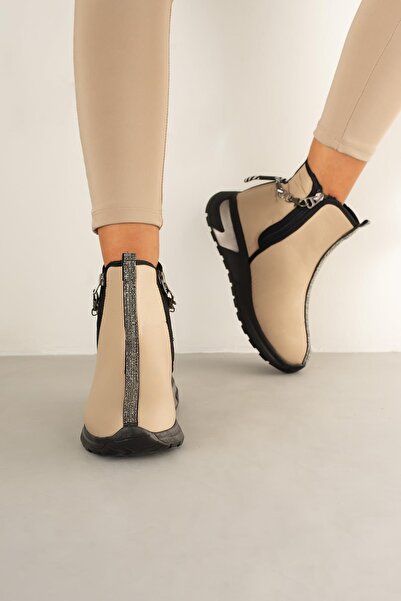 Beyond Μπεζ Γυναικείες Μπότες Αλεξίπτωτου - Stone Detailed, Διπλό Φερμουάρ, Α...