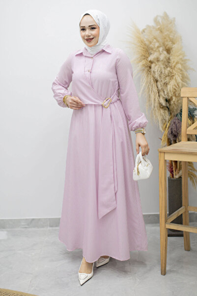 Tesettür Dünyası Ριγέ πουκαμισένιο φόρεμα με αγκράφα TSD260196 Λιλά