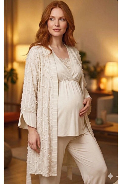 Beruflic Bone 6209 Kadın 3'lü Dokuma Sabahlıklı Lohusa Pijama Takımı