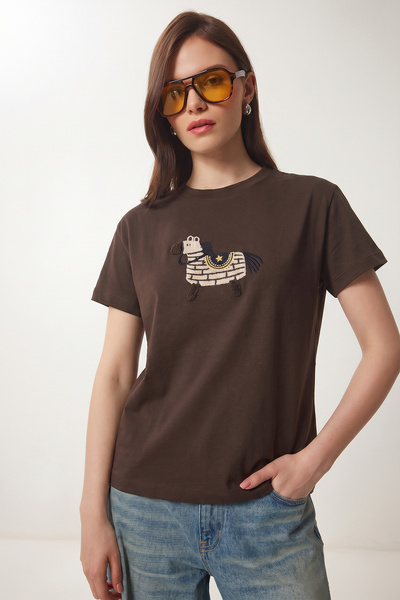 Lovelyİstanbul Κεντημένο με έμβλημα Βαμβακερό Πλεκτό Μπλουζάκι LCR0114 ΚΑΦΕ