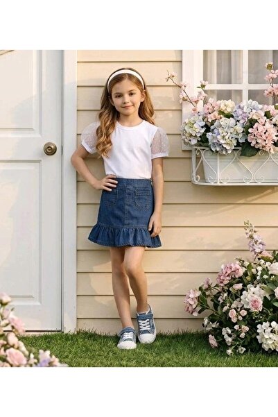 Sy Store Φούστα τζιν με λεπτομέρειες βολάν & μπλουζάκι με μανίκια από τούλι, ...