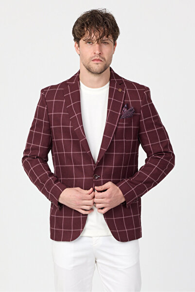 Frappoli Virone Men's Burgundy Mono Collar Plaid Polyviscon Fabric Slim Fit S...