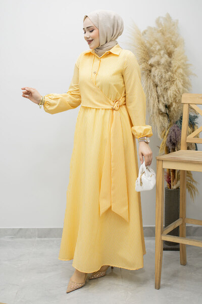 Tesettür Dünyası Ριγέ πουκαμισένιο φόρεμα με αγκράφα TSD260196 Κίτρινο