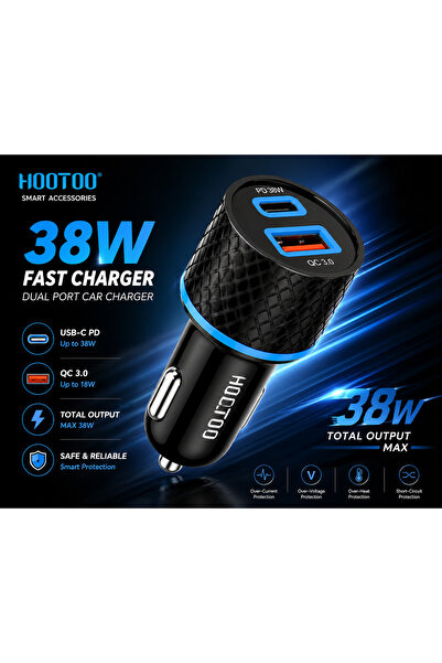 HooToo شاحن سيارة سريع MX21 بقوة 38 واط - منفذ مزدوج USB-A QC 3.0 + USB-C PD