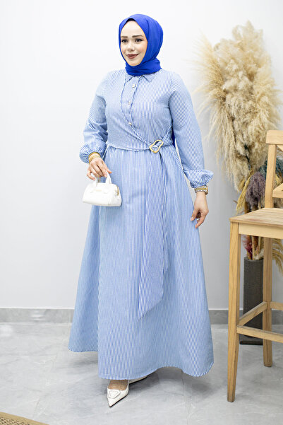 Tesettür Dünyası Ριγέ πουκαμισένιο φόρεμα με αγκράφα TSD260196 Μπλε