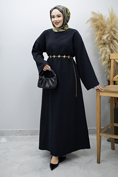 Tesettür Dünyası Φόρεμα με ζώνη αλυσίδας TSD260191 Μαύρο