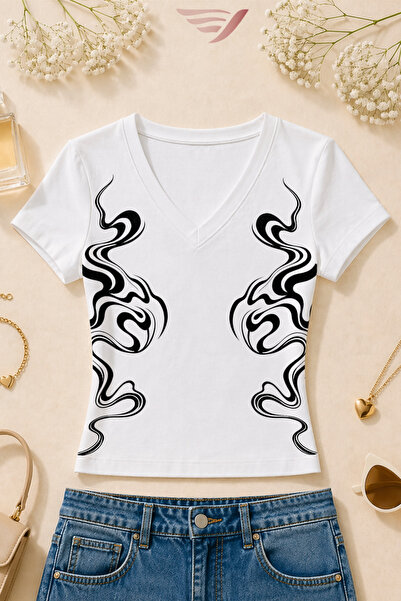 Velostra Women's Line Pattern Printed Basic Daily Use V-Neck Slim Fit T-Shirt