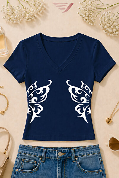 Velostra Women's Butterfly Wing Printed Basic Daily Use V-Neck Slim Fit T-Shirt